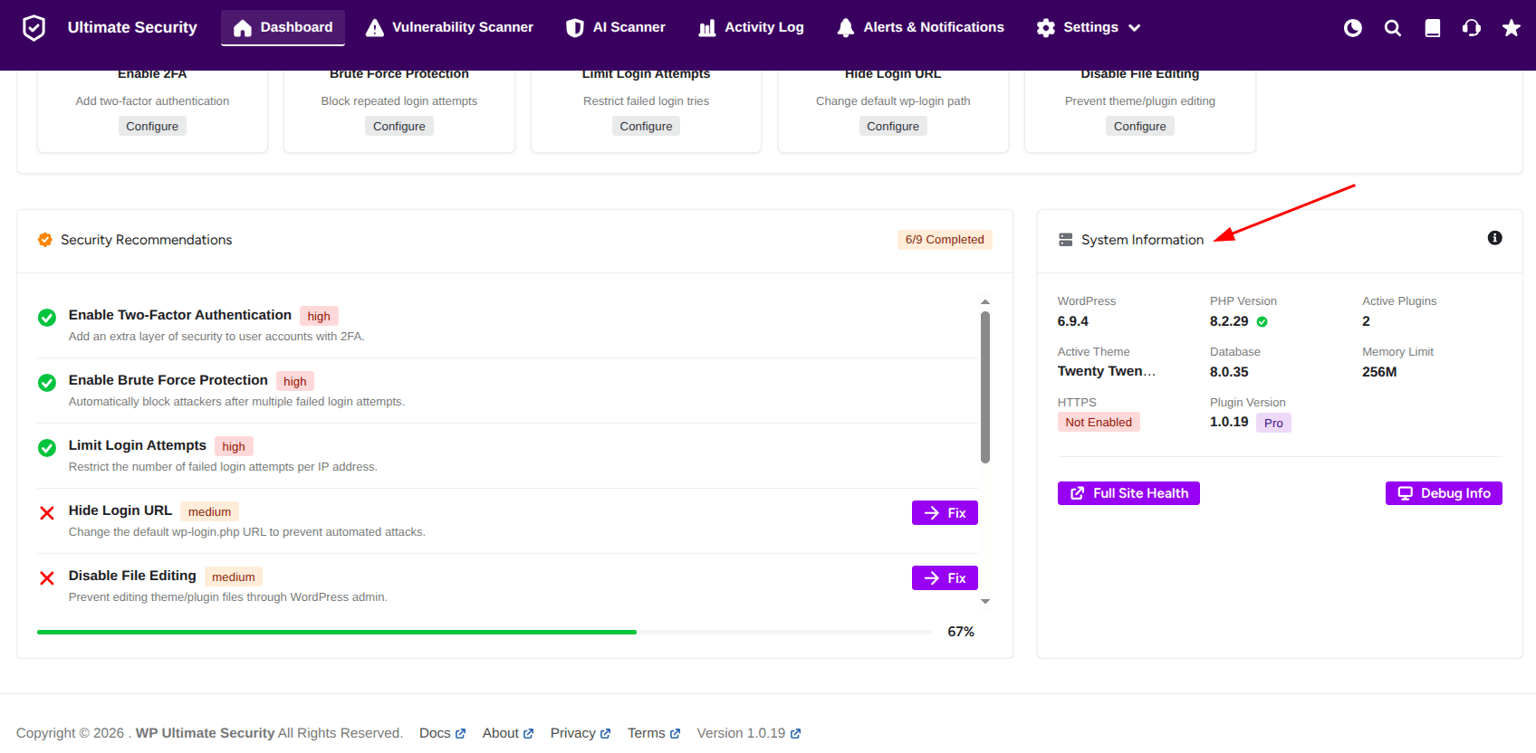 system information in ultimate security dashboard