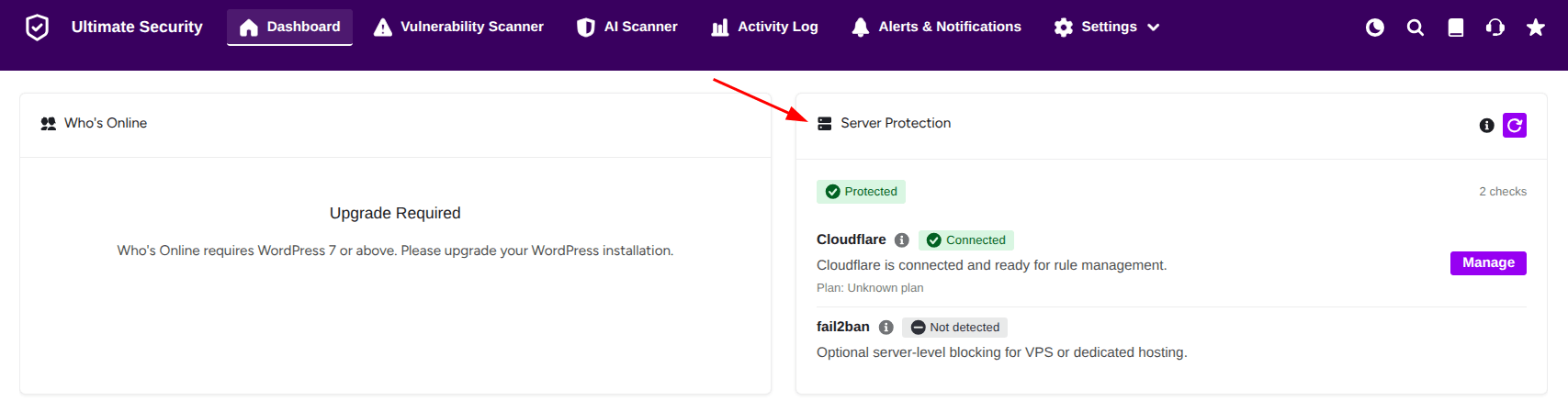 server protection in ultimate security dashboard