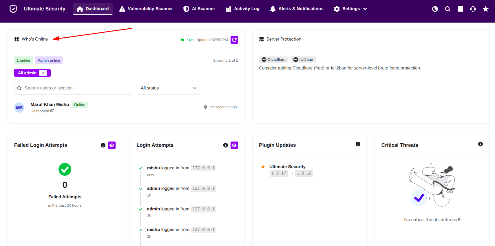 who is online feature in ultimate security dashboard