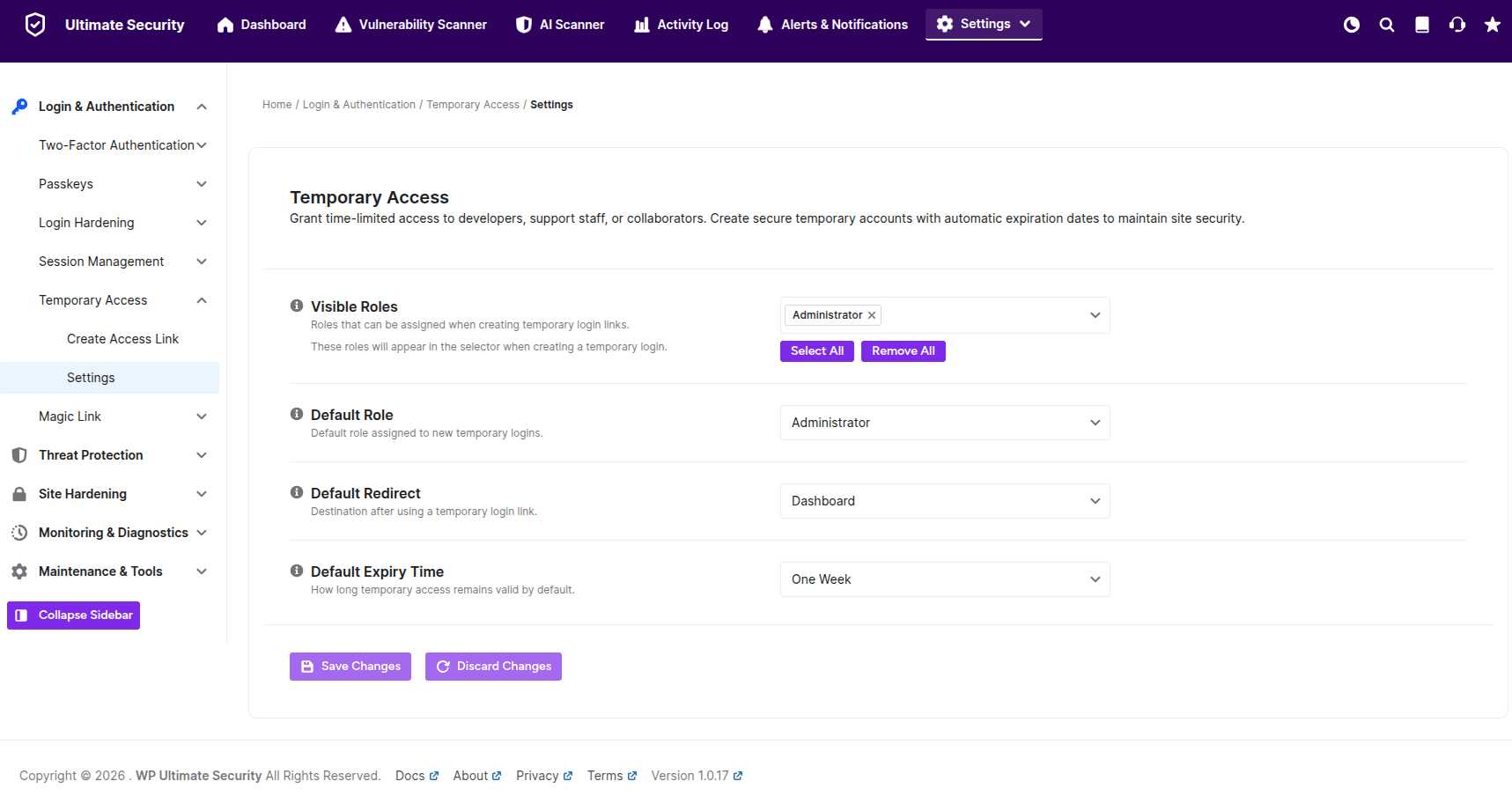 Temporary Access settings new