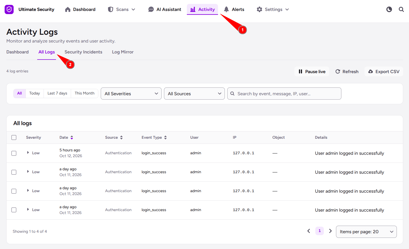activity all logs activity logs and all logs tab in ultimate security