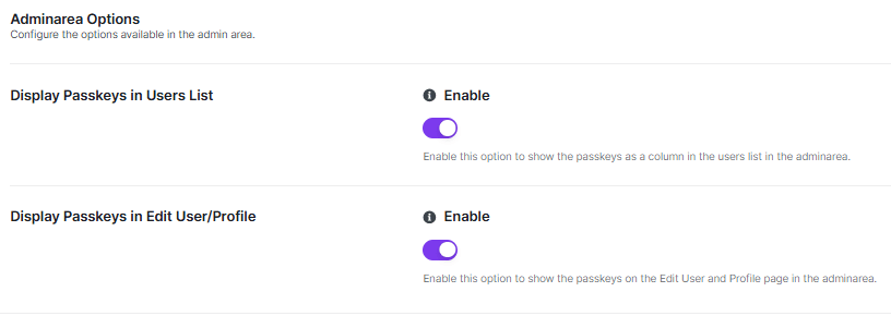 admin area option display passkey in user list