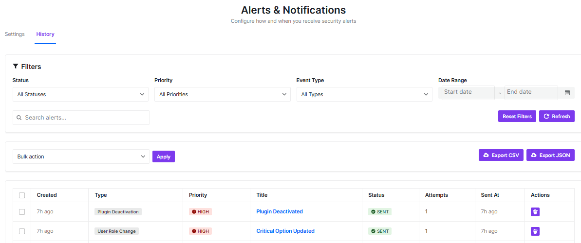alerts & notifications history tab