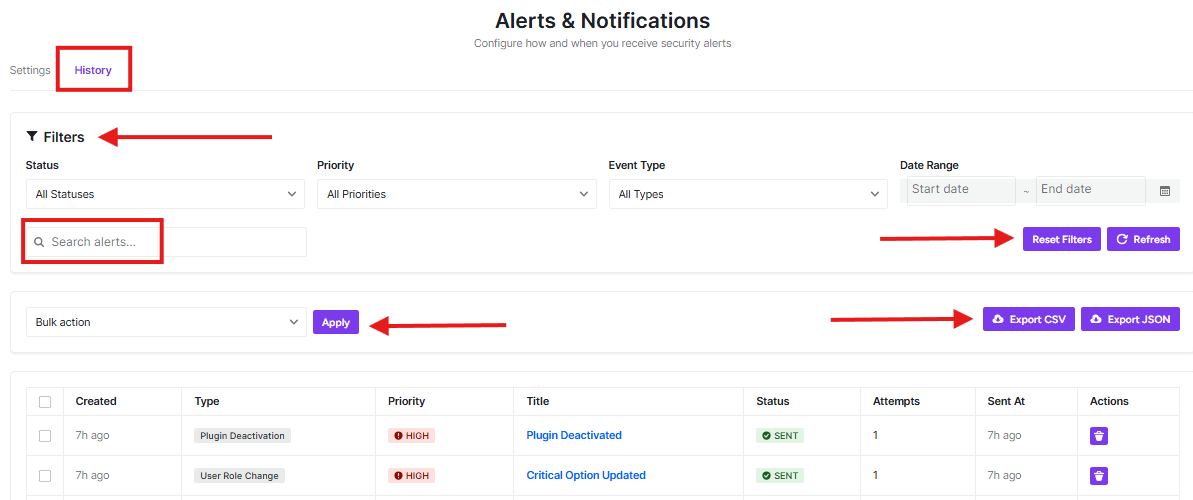 alerts & notifications history tab all functions