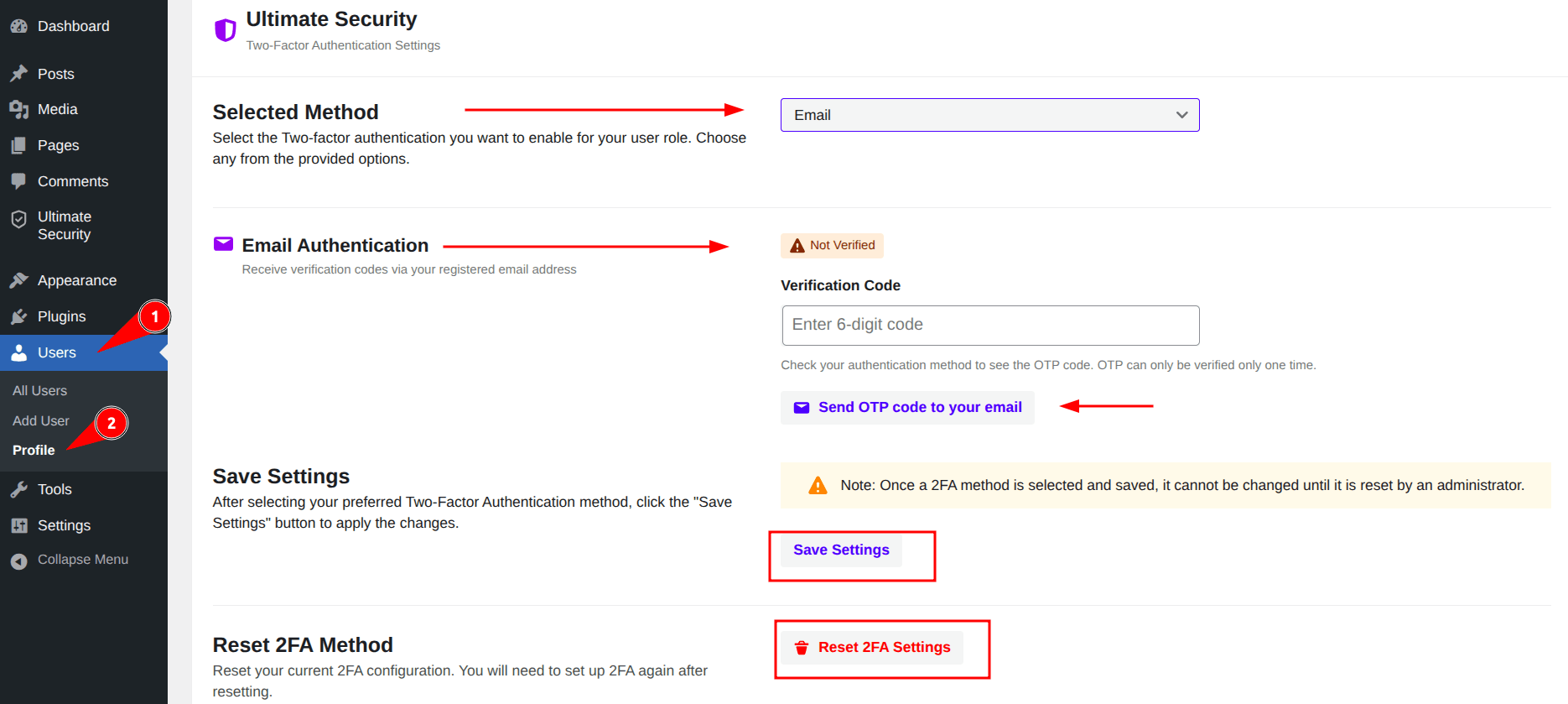 verify email address section for 2fa