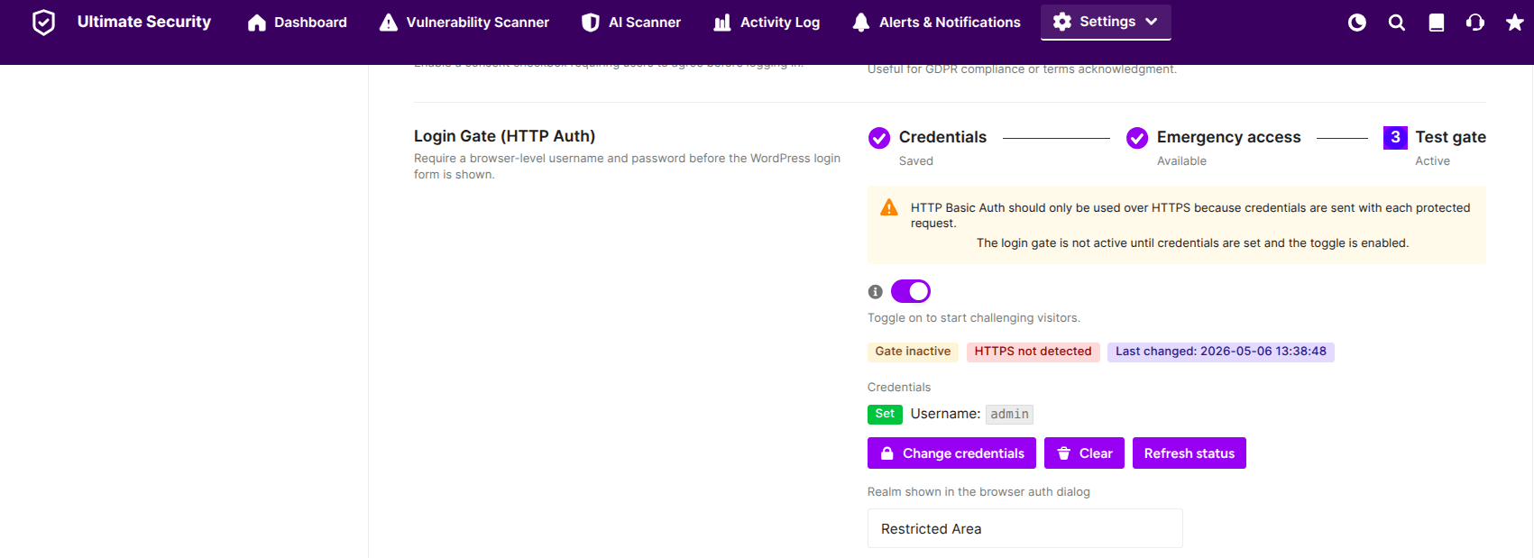 login gate feature in ultimate security