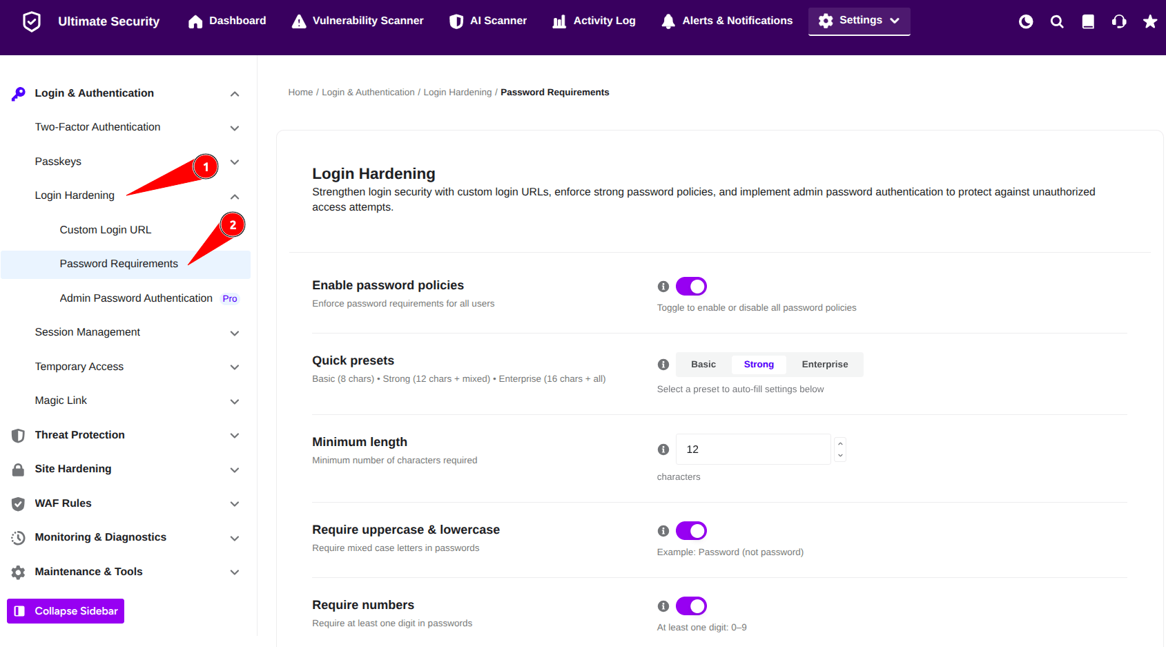 password requirement password requirements settings all new from ultimate security
