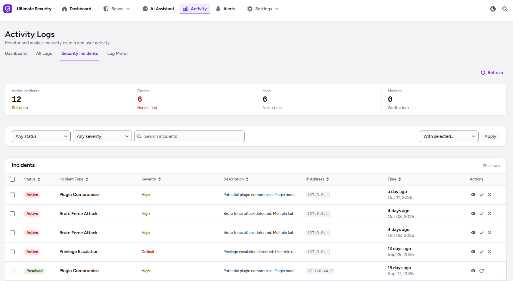 activity logs security incidents security incidents in activity log tab in ultimate security