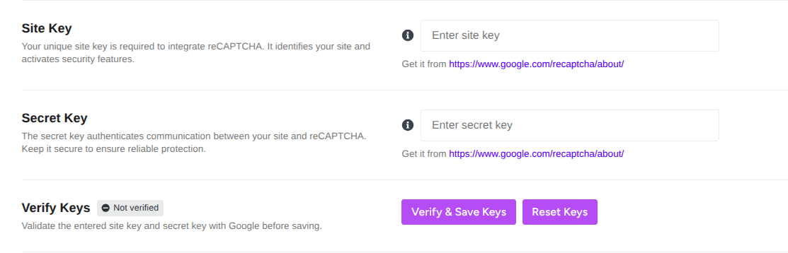 google recaptcha site keys and secret keys with verification and save keys in ultimate security