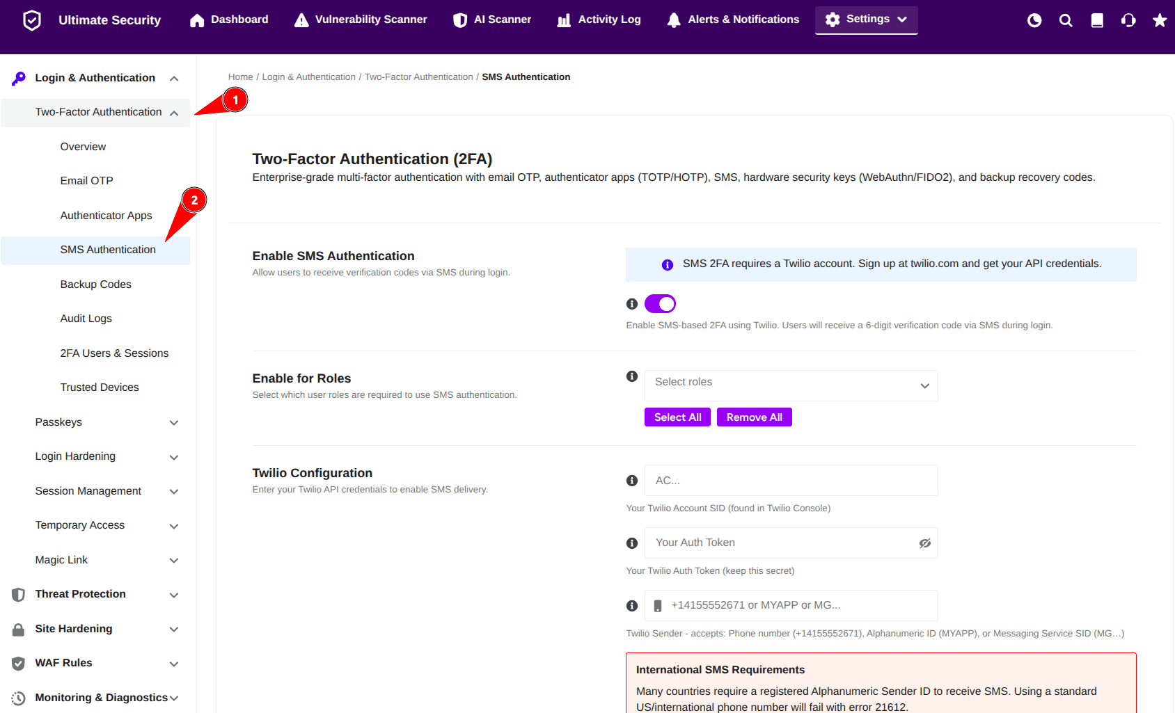 sms authentication setup for two factor authentication in ultimate security for wordpress