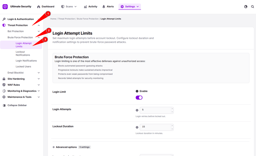 threat protection-brute force attack and login attempt limits in ultimate security