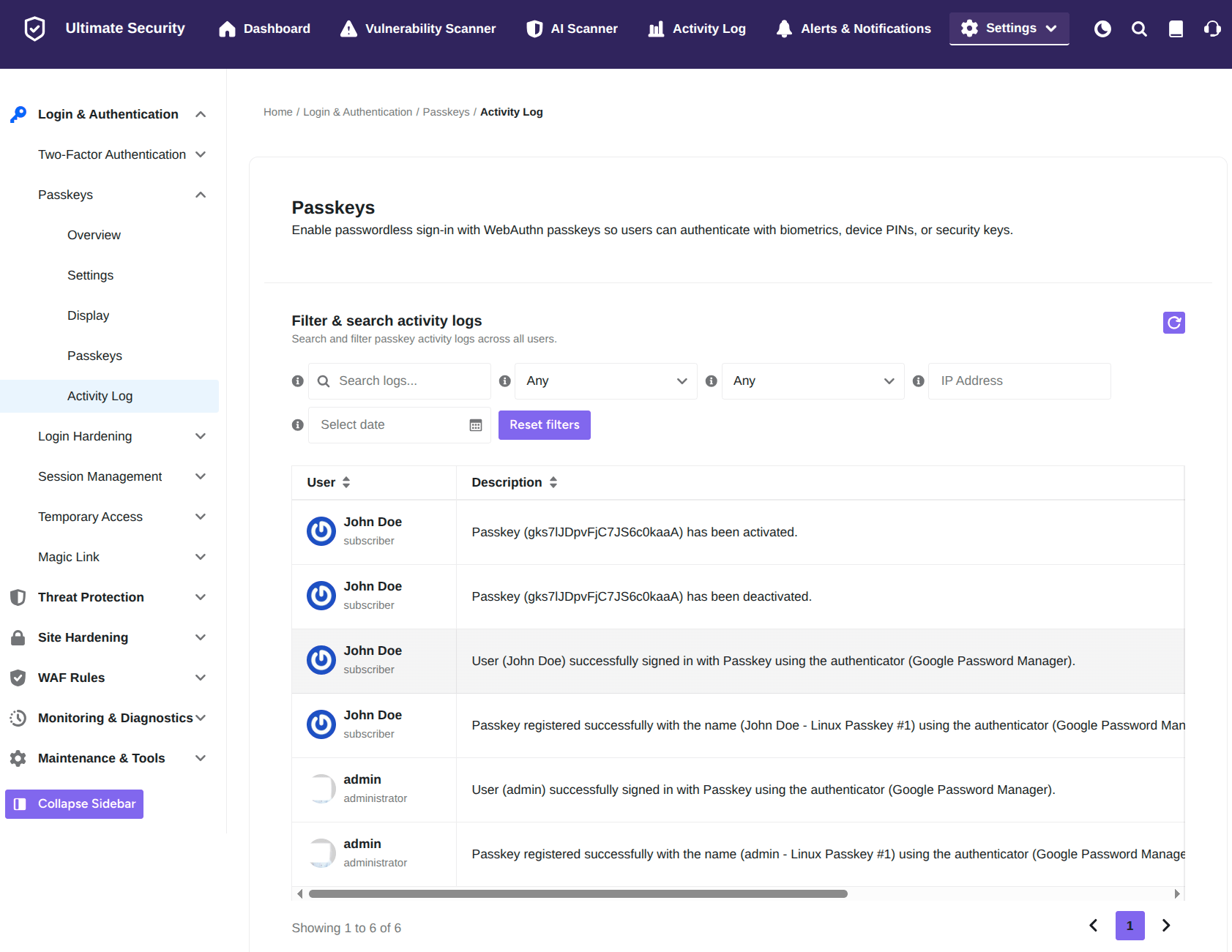 ultimate security passkey activity logs settings page