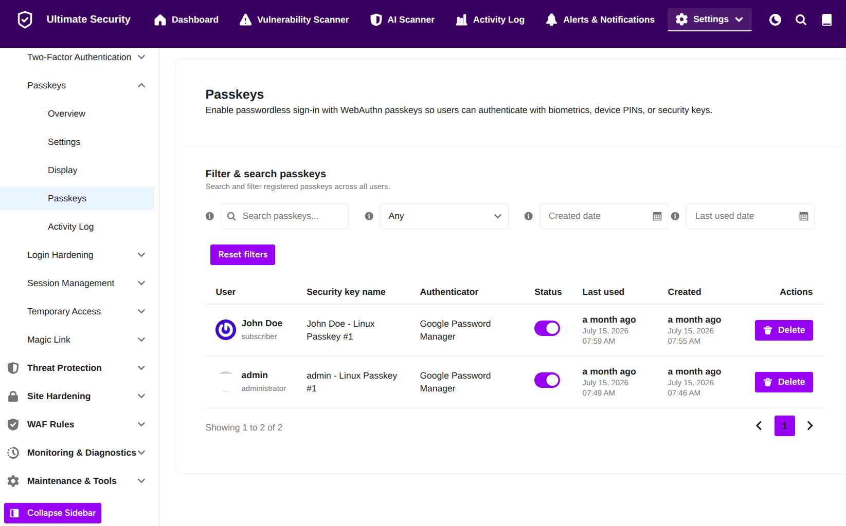 ultimate security passkey (biometric) passkey tab page