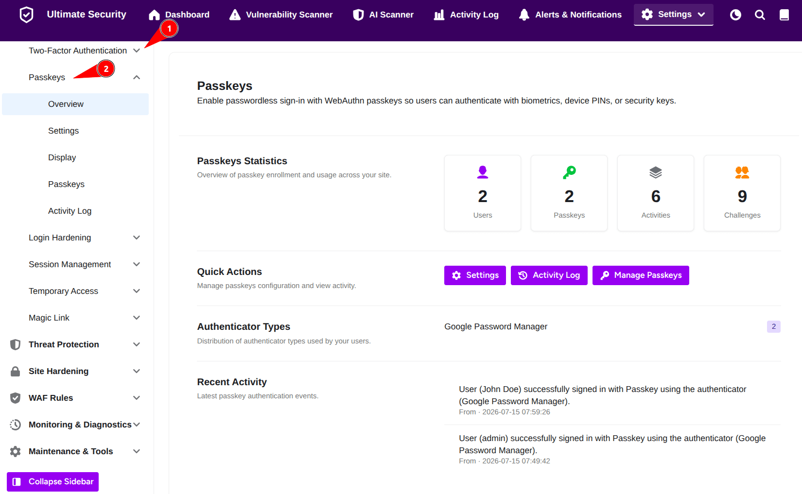 ultimate security two factor authentication passkeys settings overview page 