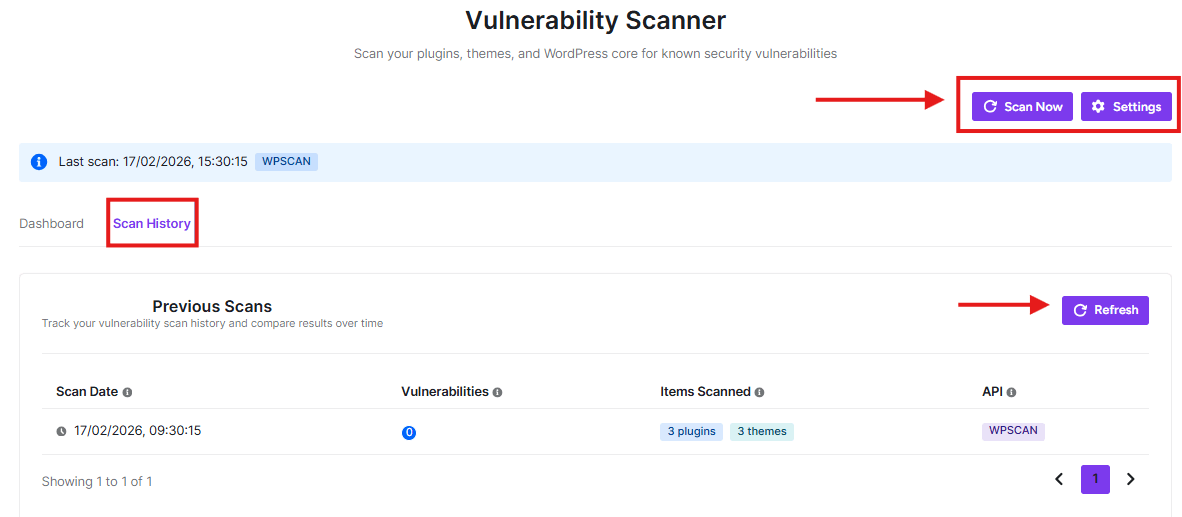 vulnerability scanner scan history