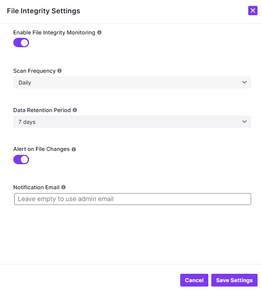 file integrity settings popup