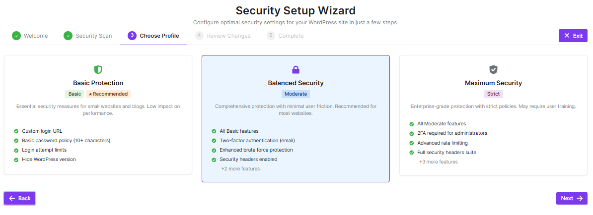 choose profile of security wizard