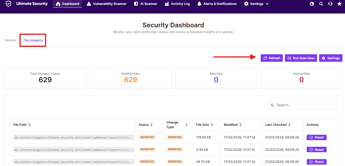 dashboard file integrity 