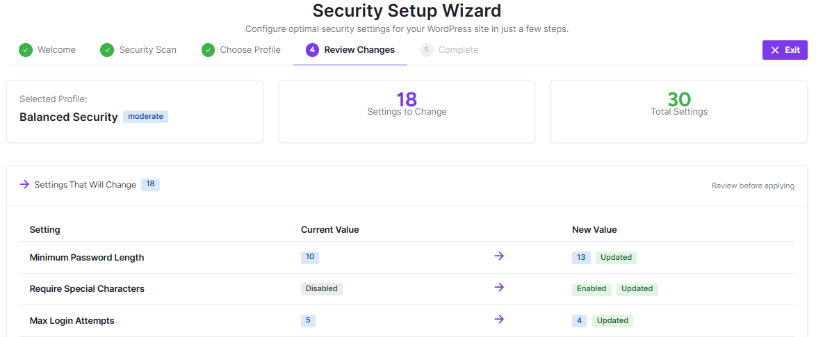 review changes of security wizard