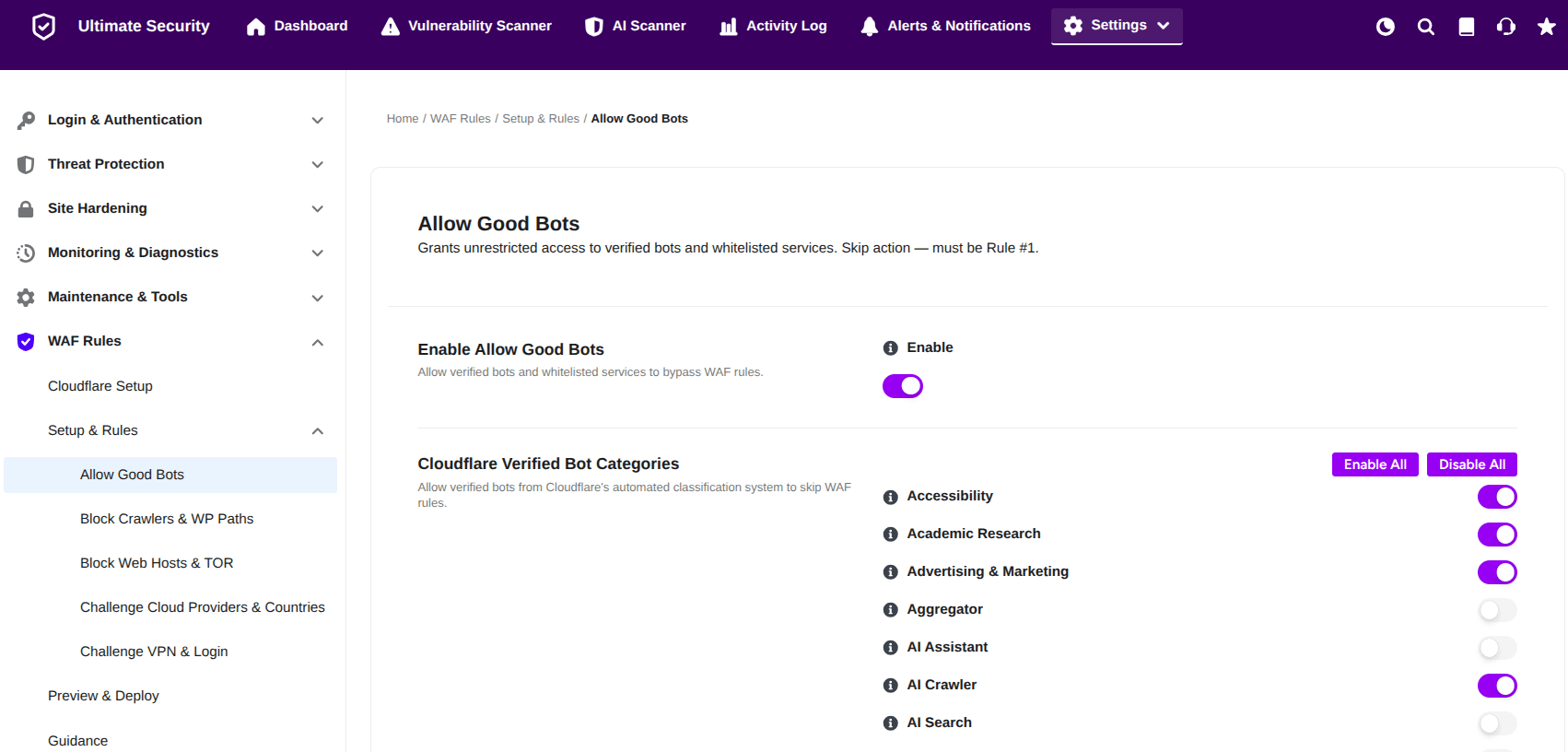 allow good bots in waf settings using ultimate security allow good bots