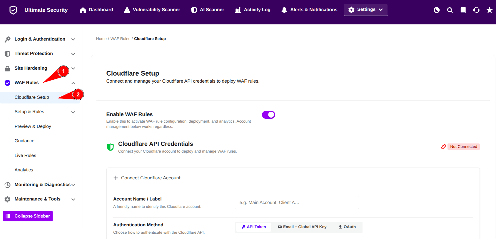 cloudflare setup setting in ultimate security