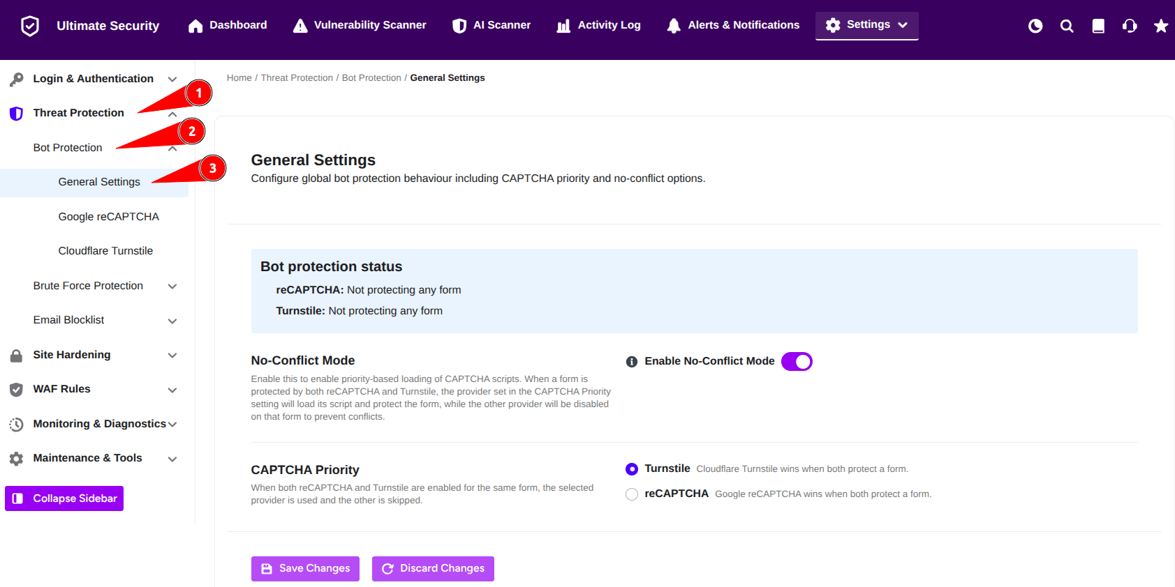bot protection general settings page in WordPress ultimate security plugin