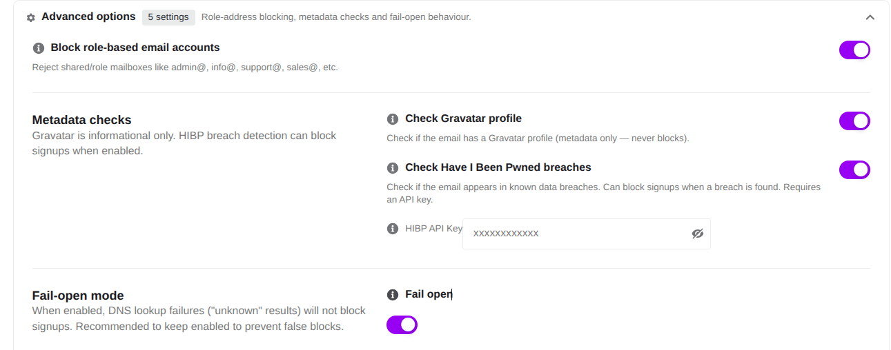 advanced option in email verification in ultimate security
