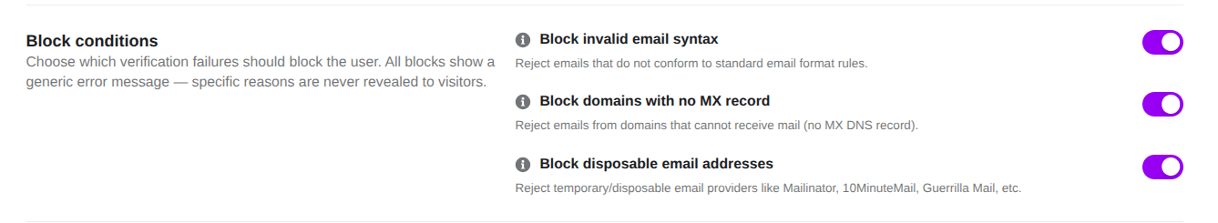 email verification block conditions settings in ultimate security
