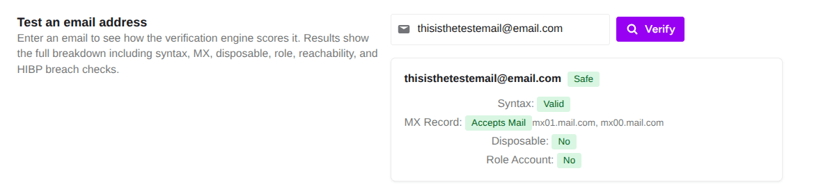 test email settings in email verification in ultimate security