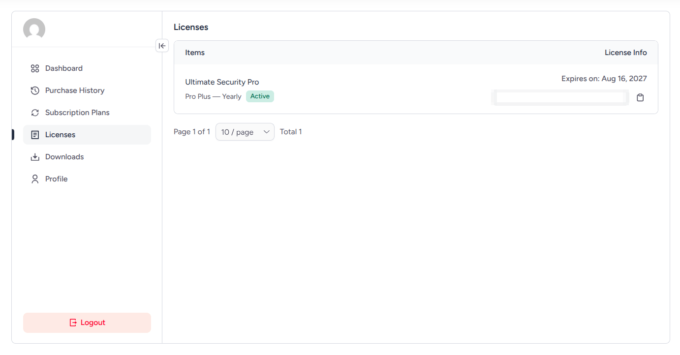 Licenses settings tab in the ultimate security customer dashboard