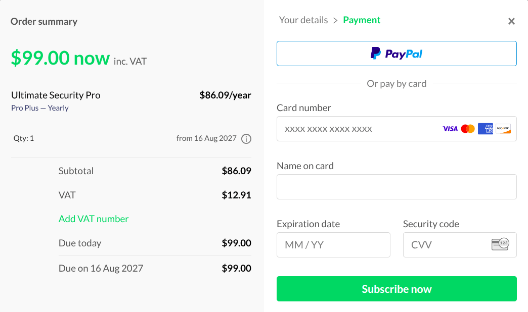 Ultimate Security payment proceed and finalize plan purchasing