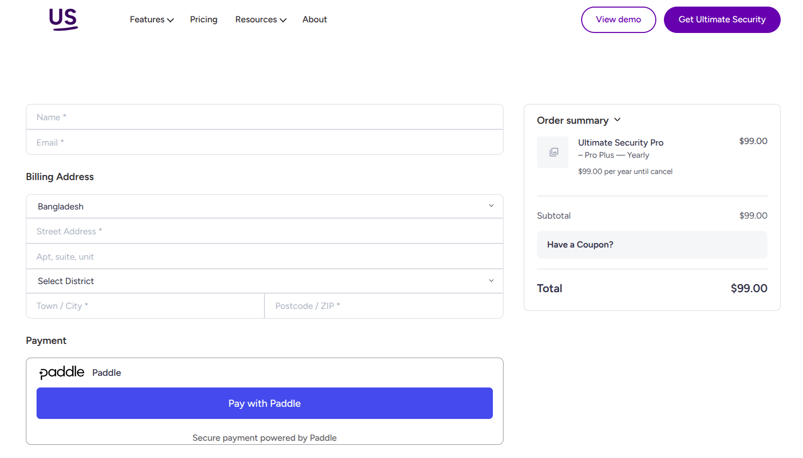Ultimate Security plan purchase billing and checkout form page