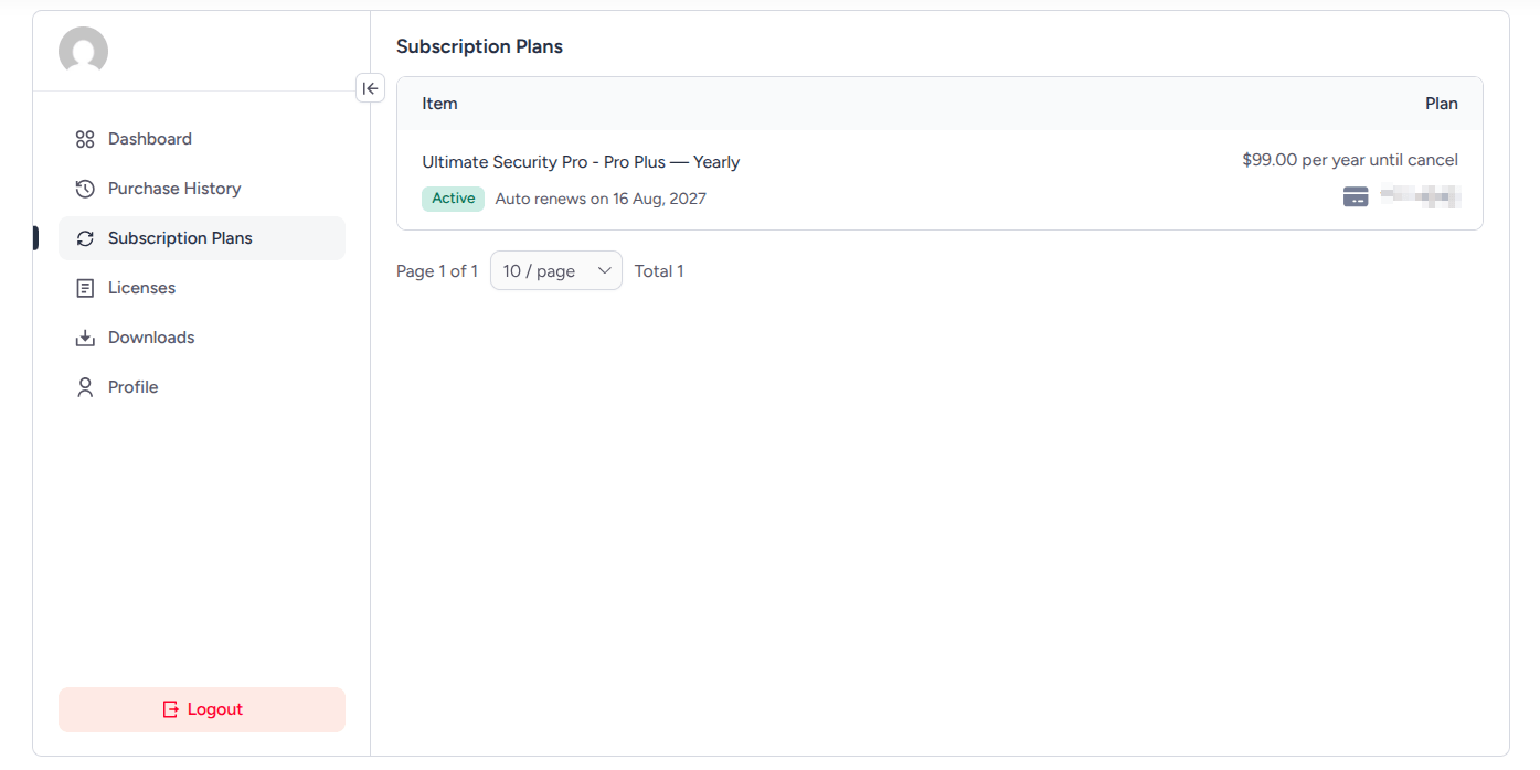 ultimate security customer portal dashboard subscription plan settings page