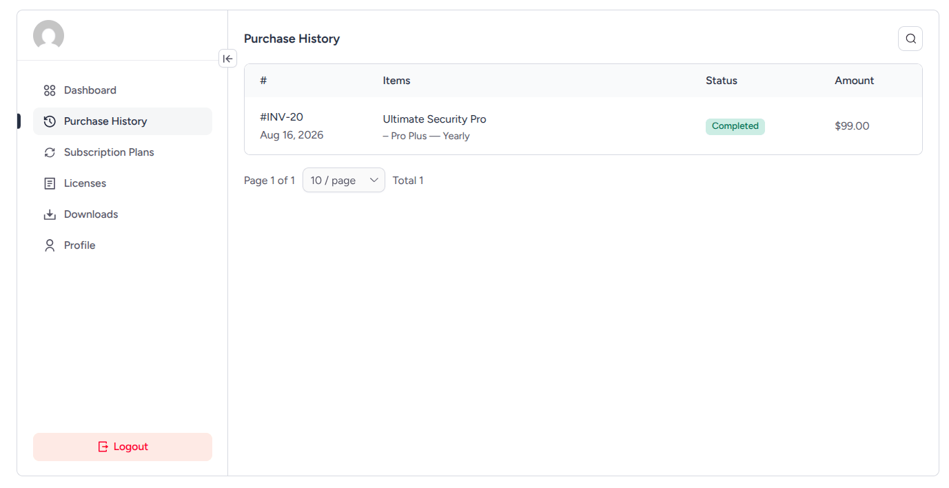 ultimate security pro users login dashboard purchase history