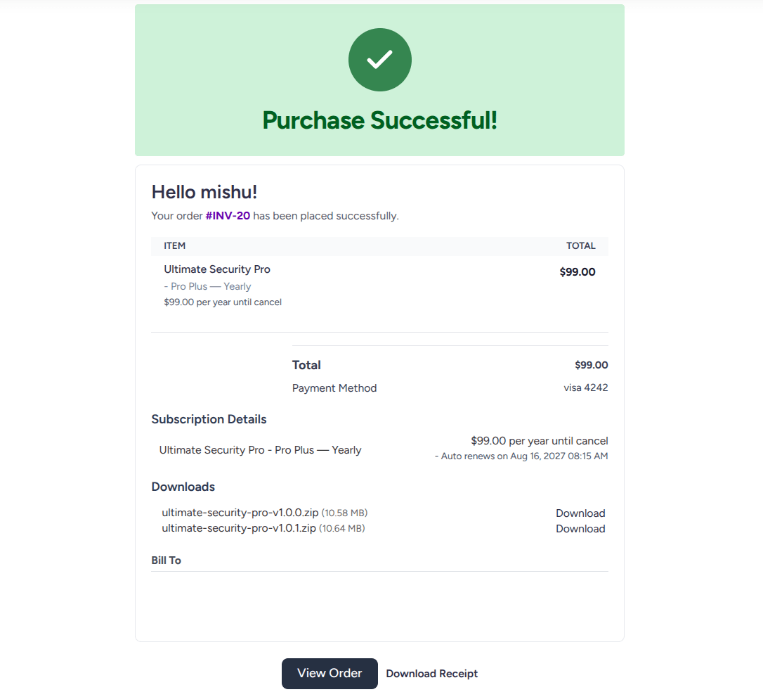 ultimate security purchase plan success confirmation