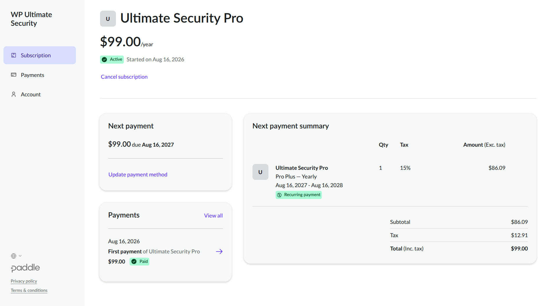 update subscription details for Ultimate Security pro