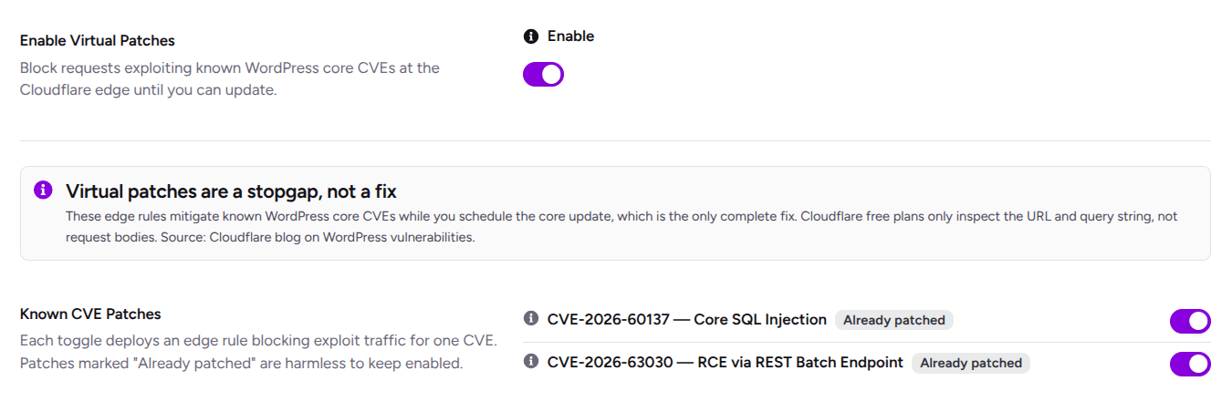 Virtual Patches (CVE) for cloudflare waf in ultimate security
