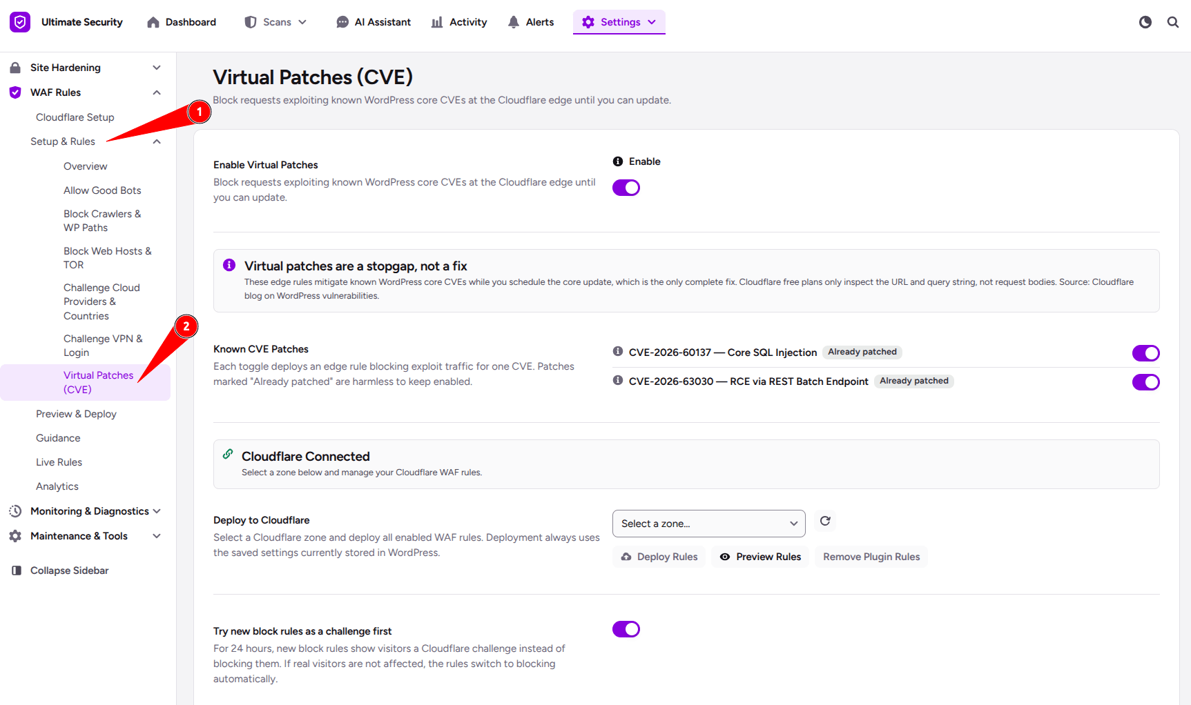 cloudflare waf virtual patches (CVE) in ultimate security